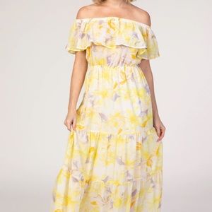 Yellow Off Shoulder Tiered Maternity Dress